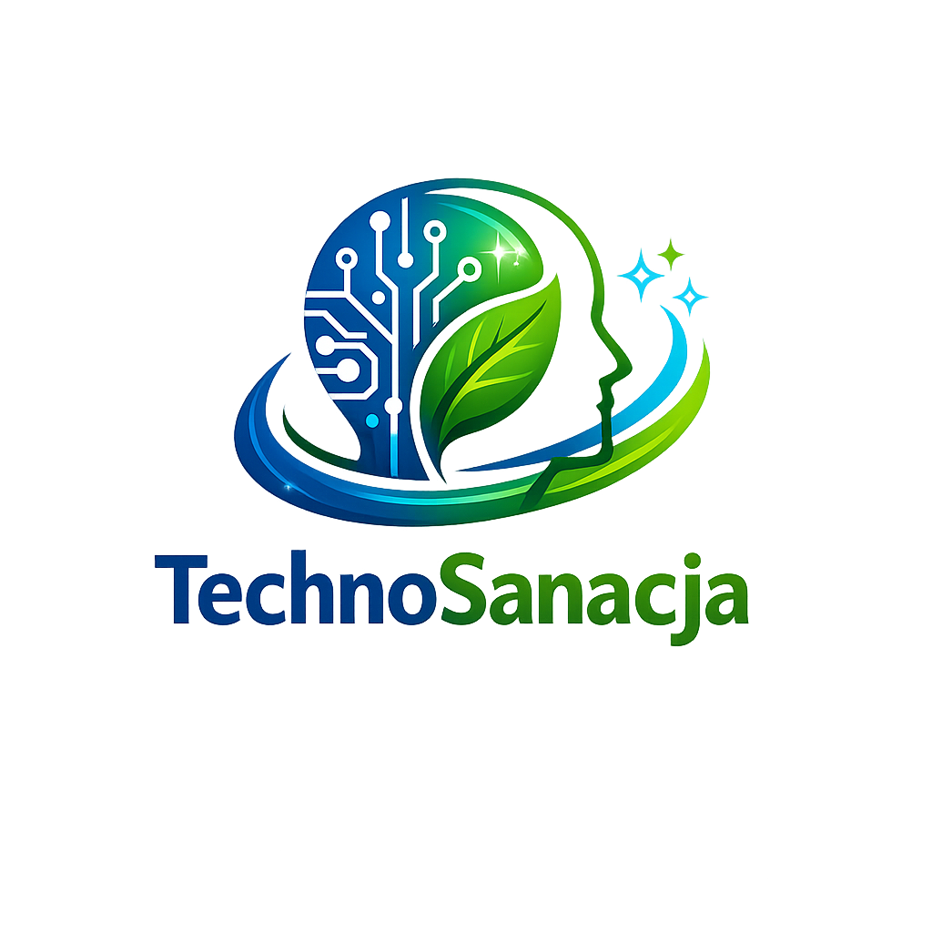 Logo TechnoSanacja z profilem człowieka, obwodami elektronicznymi i zielonym liściem.
