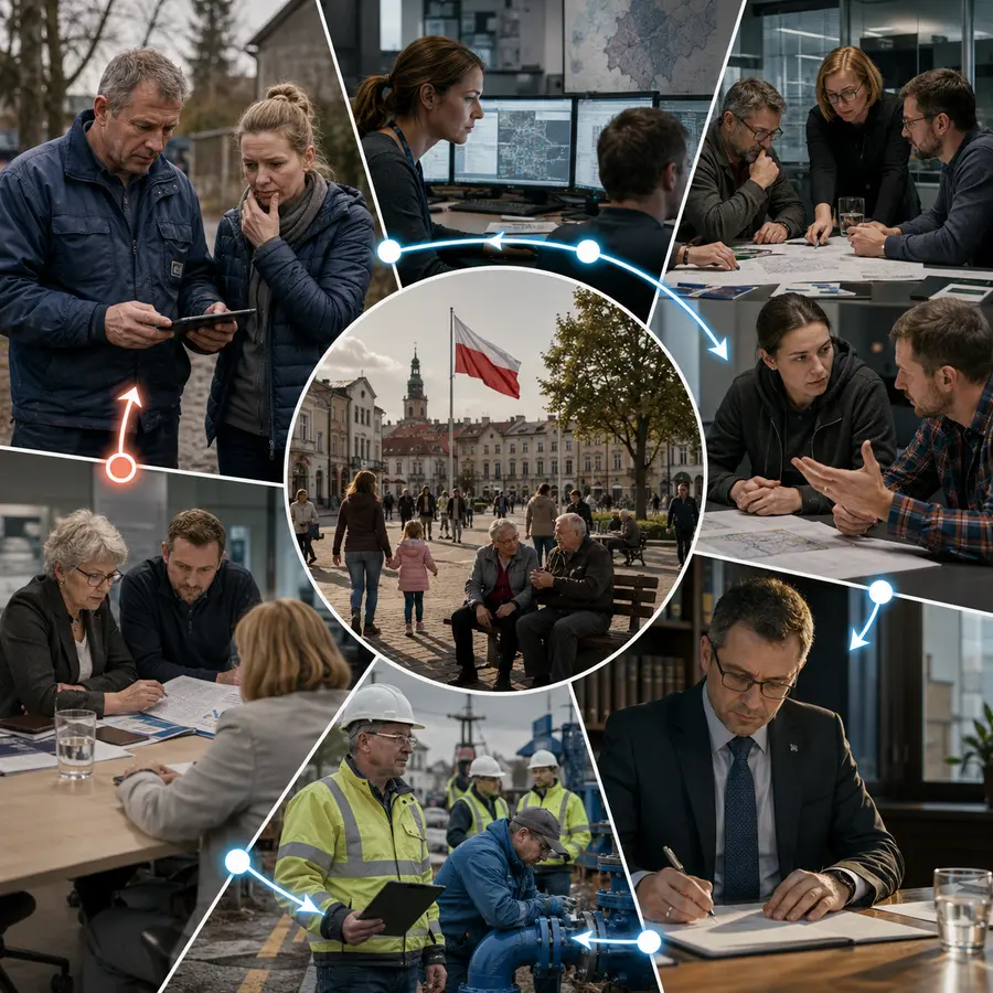 Sześć etapów: sygnał, analiza, warianty, decyzja człowieka, wykonanie oraz publiczny wynik i korekta.