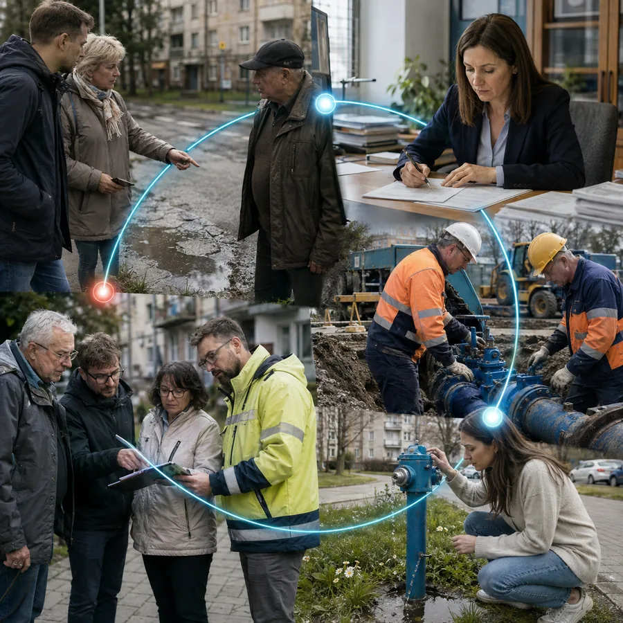Pięć etapów działania państwa: rozpoznanie, decyzja człowieka, wykonanie, publiczny wynik i korekta.