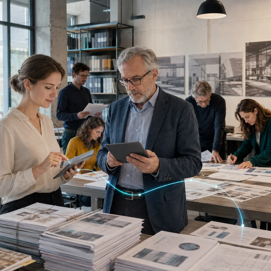 Młoda osoba i senior czytają uporządkowaną aktualizację o dokumentach, korektach i rezultatach pracy portalu.