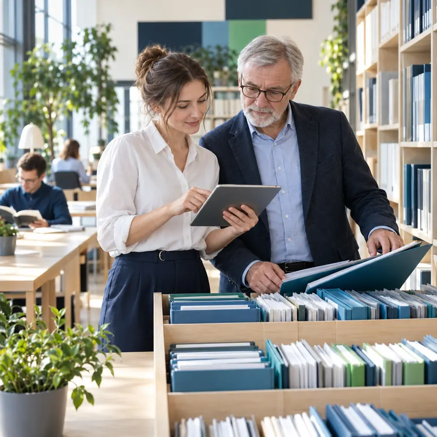 Kobieta i starszy mężczyzna wspólnie przeglądają cyfrowe i papierowe zasoby otwartej Biblioteki TechnoSanacji.